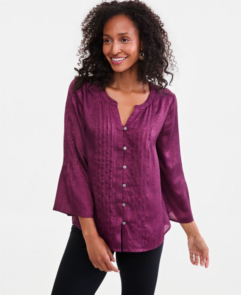 Petite Satin Bell-Sleeve Pintuck Blouse