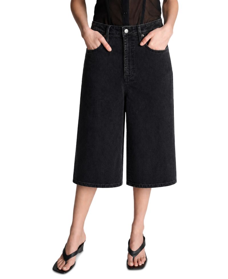 Women's Wide Leg High Rise Long Denim Shorts