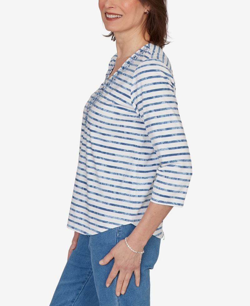 Women's Classic Medallion Embroidered Stripe V-Neck Top