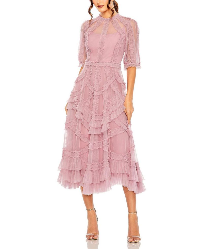 Women's High Neck Puff Sleeve Ruffle Tiered Dress