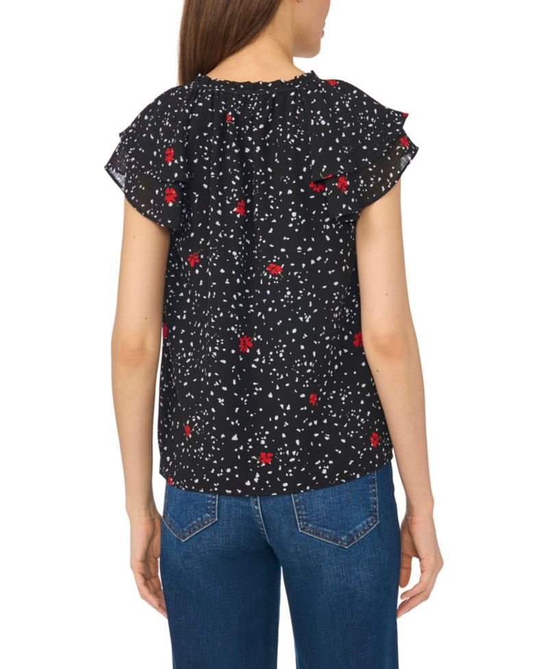 Women's Printed Flutter-Sleeve Tie Neck Top