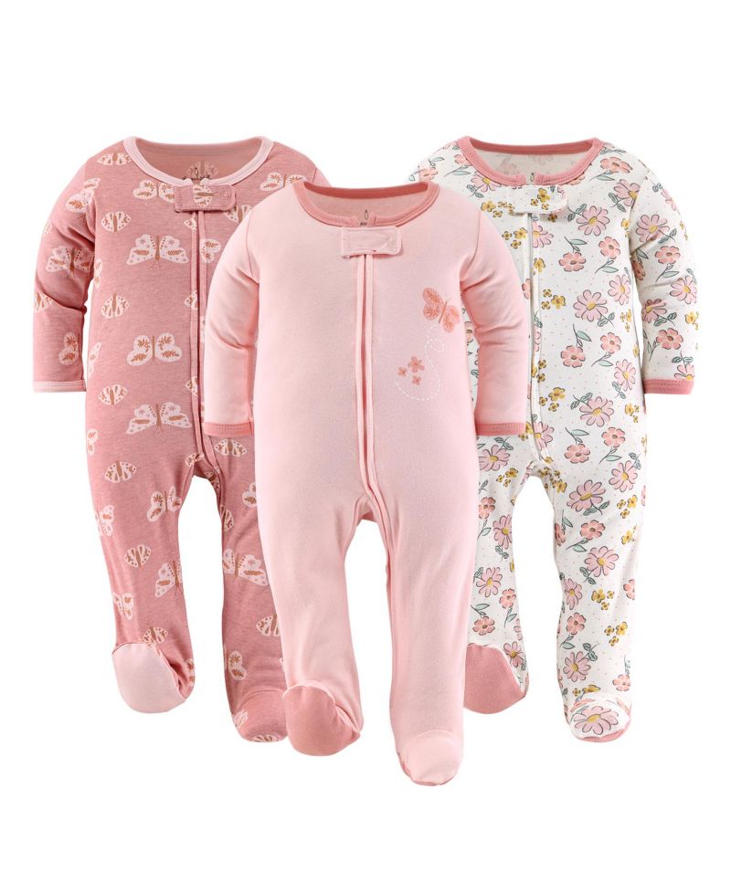 Baby Girls Boho Butterfly Footed Sleepers for Girls, 3 Pack