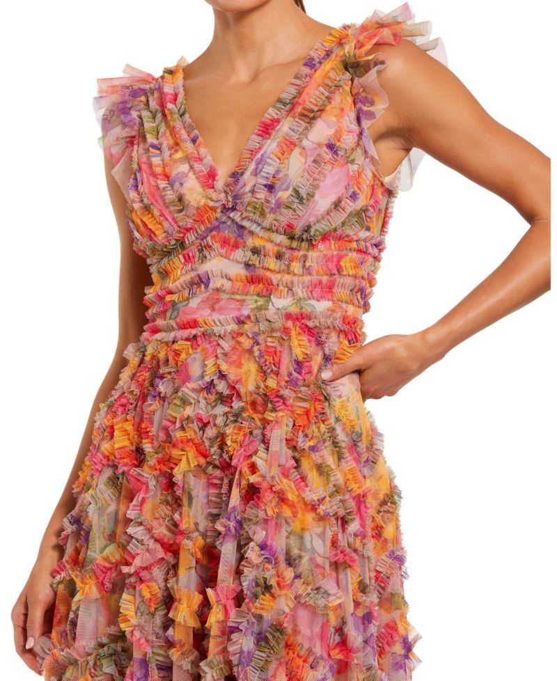 Women's Floral Mesh Ruffle V Neck Ankle Dress