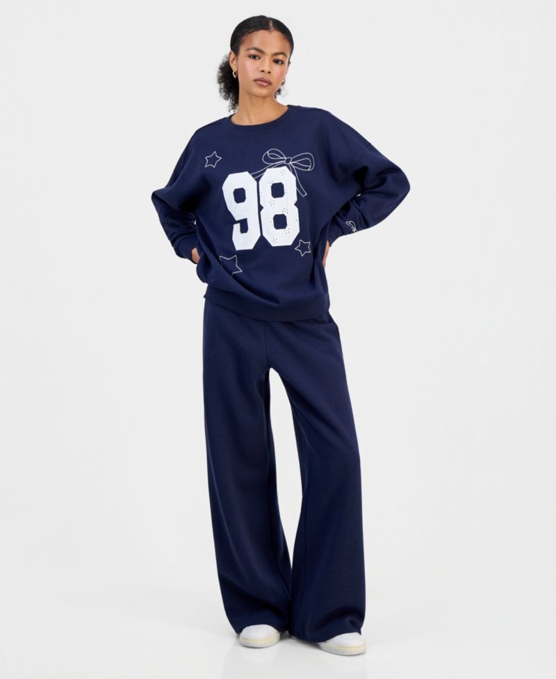 Juniors' Wide Fleece Contrast-Waist Sweatpants