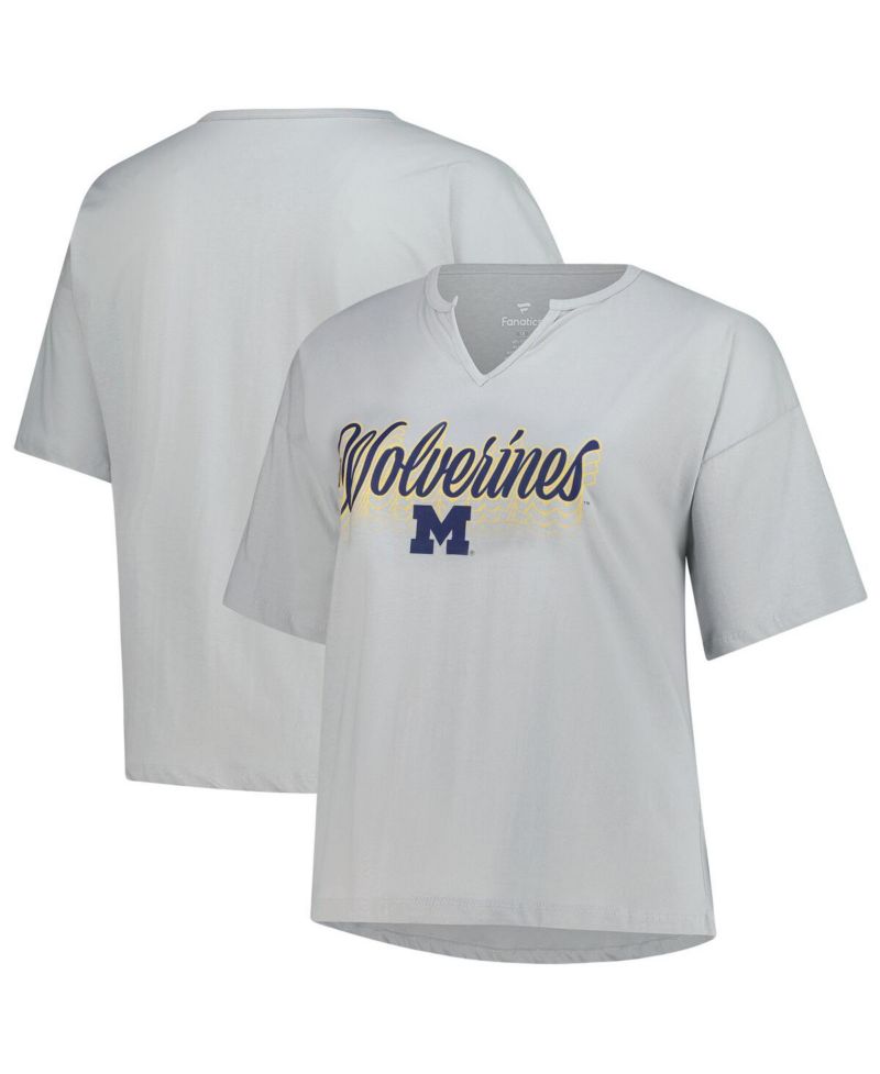 Women's Gray Michigan Wolverines Plus Size Winning Gear Notch Neck T-Shirt