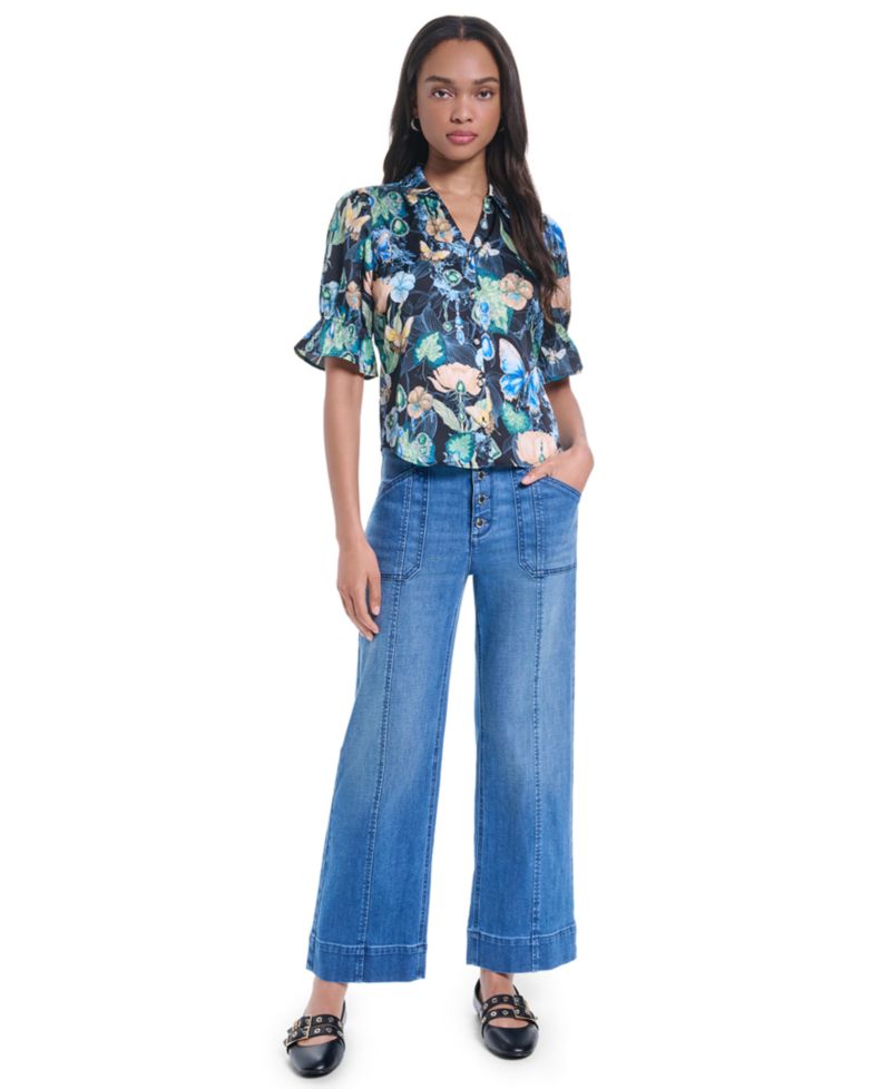 Petite Collared Printed Woven Top