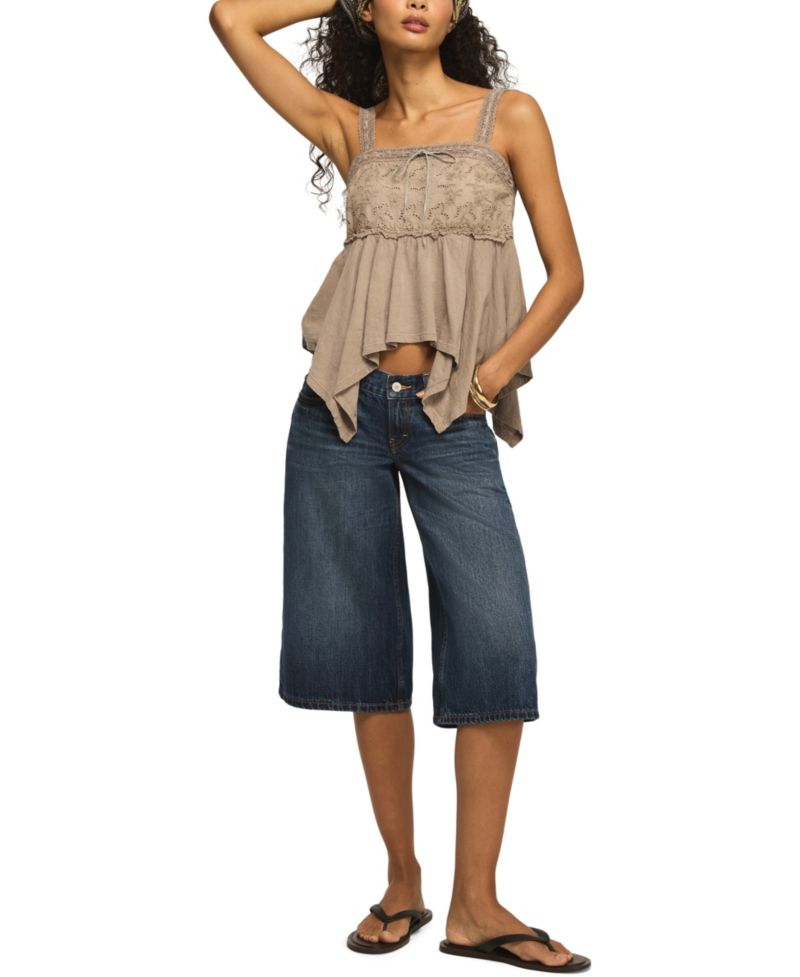 Women's Eyelet Yoke Square Neck Tank Top