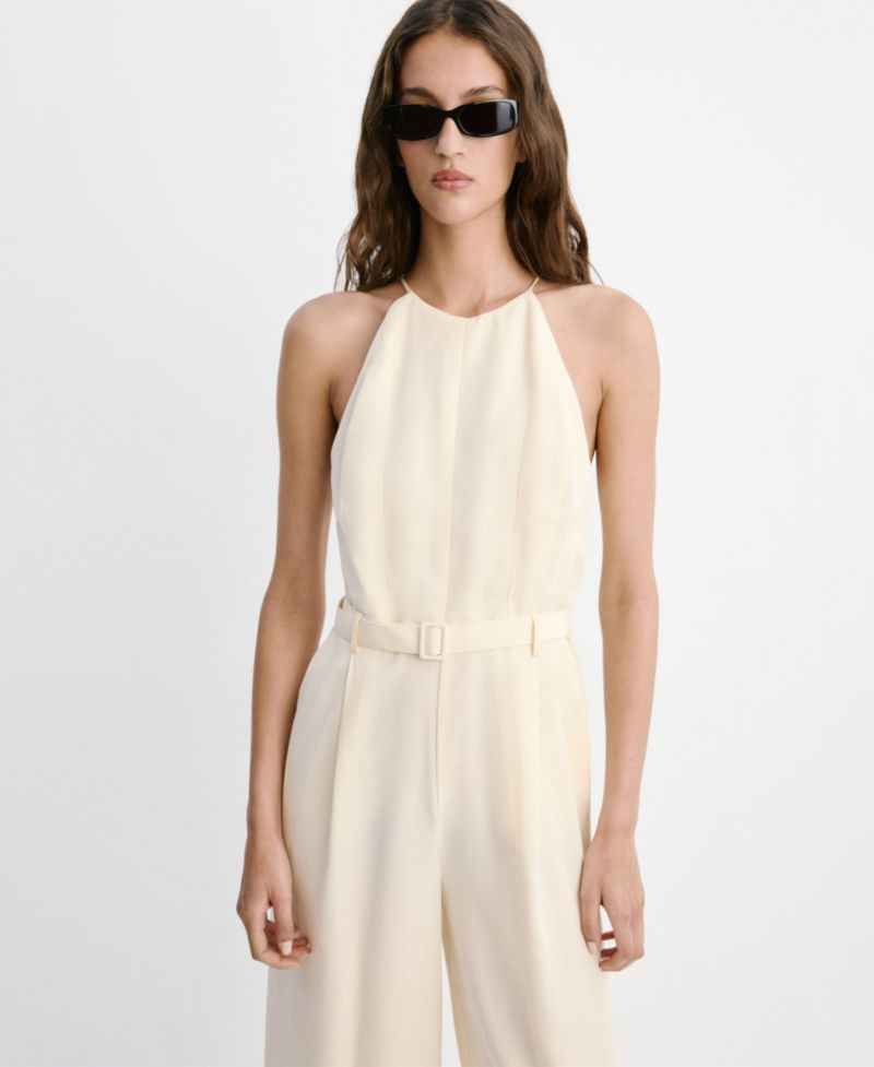 Women's Wide-Leg Sleeveless Belt Detail Halter Jumpsuit