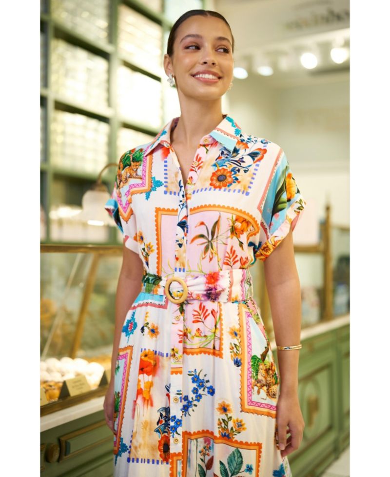 Women's Tropical Postcard Print Midi Shirt Dress