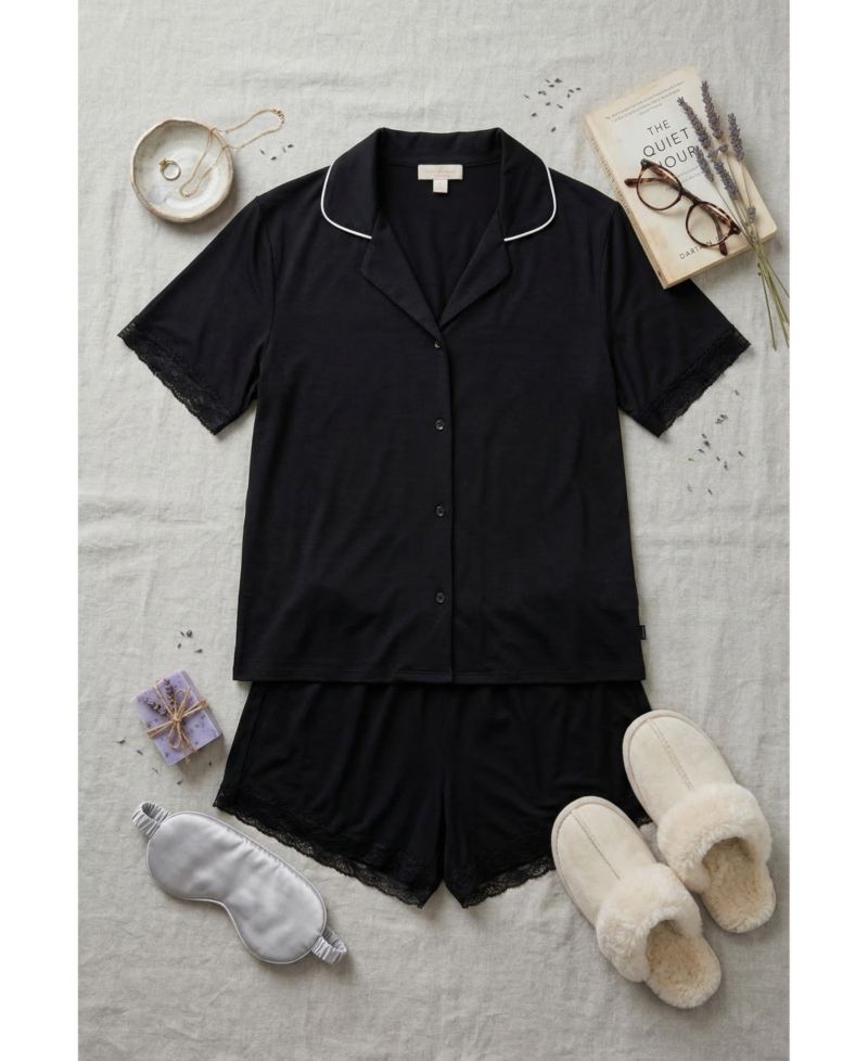 Women's Yummy Jersey Notched Collar Button-Up Short PJ set