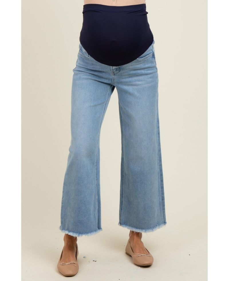 Maternity Blue Fringe Hem Ankle Wide Leg Jeans