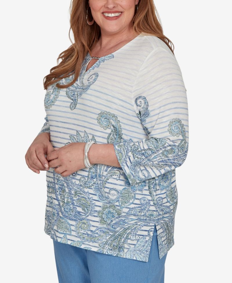 Plus Size Provence Paisley Stripe 3/4-Sleeve Split-Neck Blouse