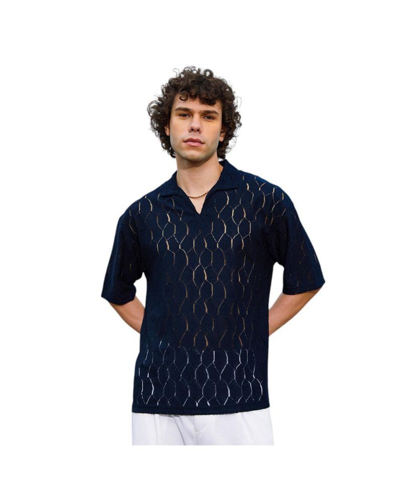 Men's Prussian Blue Honeycomb-Knit Polo T-Shirt