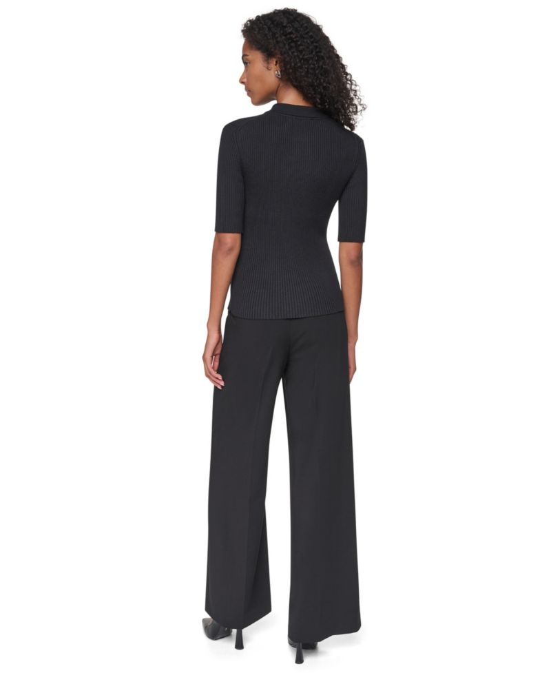 Women's Polo Short-Sleeve Ribbed-Knit Zip-Front Top