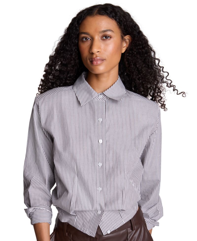 Women's Striped Shoulder Pads Button-Down Crop Shirt
