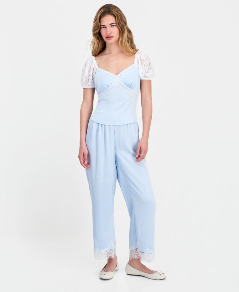 Petite Satin Lace Puff-Sleeve Top