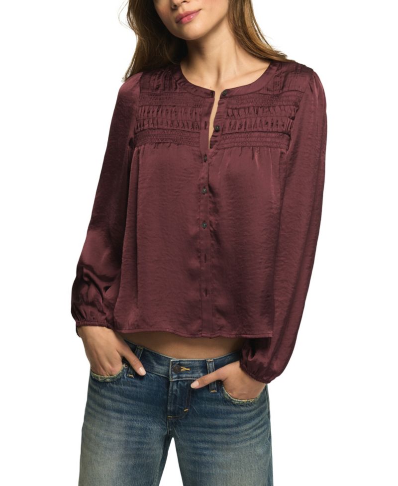 Women's Long-Sleeve Satin Pintuck Blouse