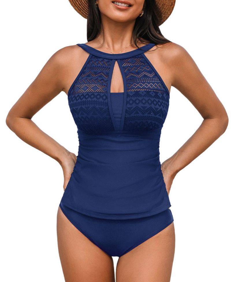 Women's High Neck Mesh Cutouts Adjustable Straps Tankini Sets