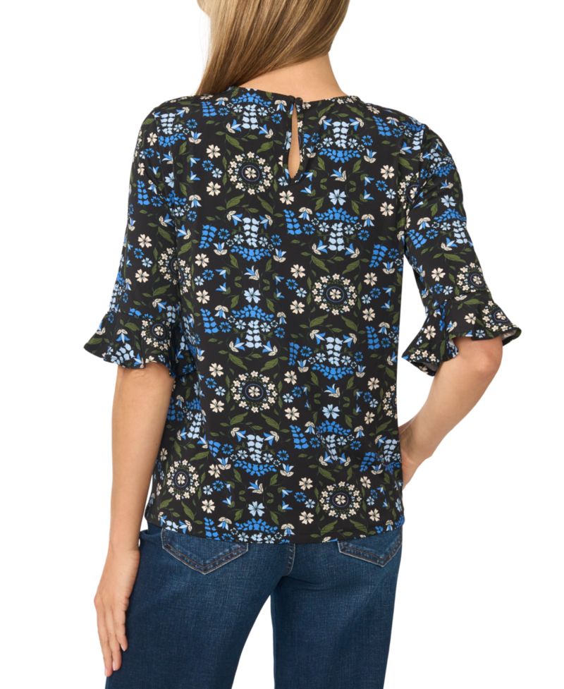 Women's Floral-Print Short-Sleeve Ruffle-Cuff Blouse
