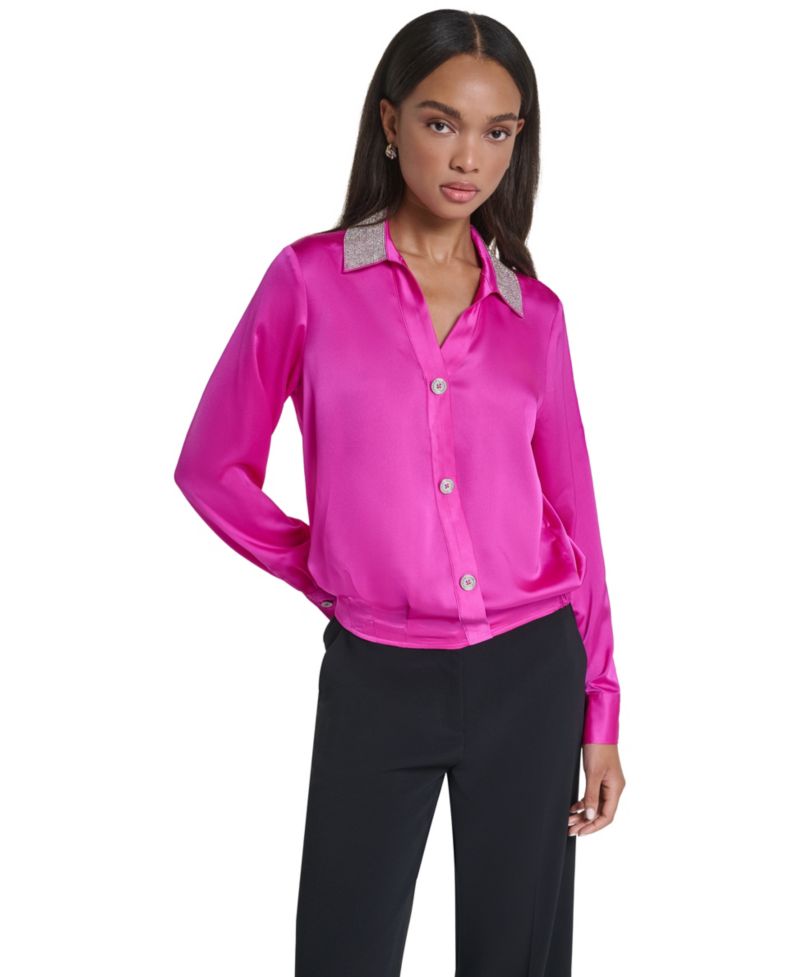 Women's Crystal Collar Satin Blouse