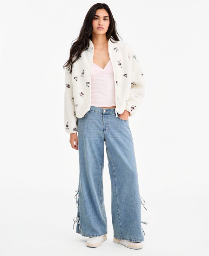 Juniors' Floral Embroidered Zip-Front Fleece Jacket