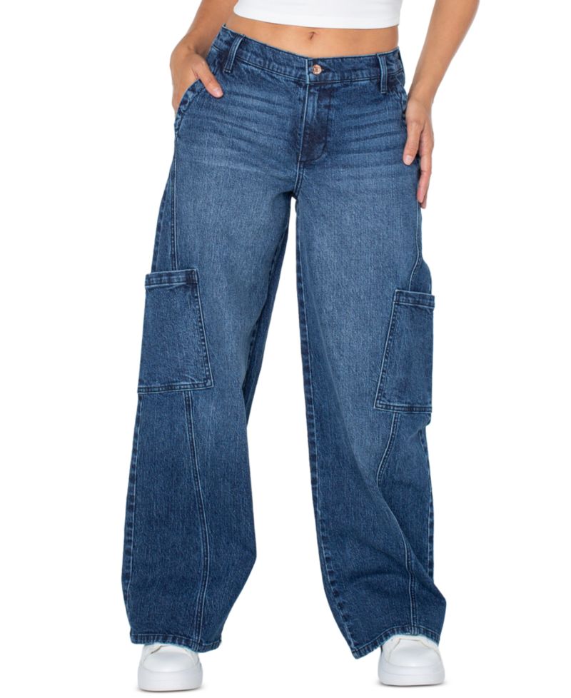 Juniors' Elastic-Back Mid-Rise Wide-Leg Cargo Jeans