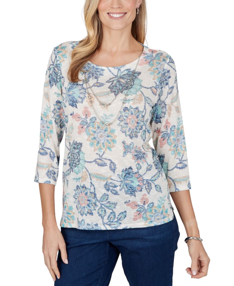Petite Floral-Print 3/4-Sleeve Side-Slit Blouse