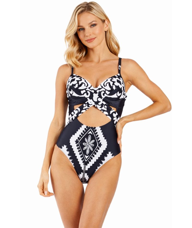 Women's Black and White Cut-Out One Piece Swimsuit - Designer Resort Swimwear