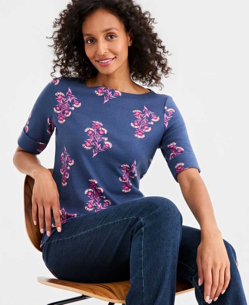 Petite Printed Boat Neck Short-Sleeve Top