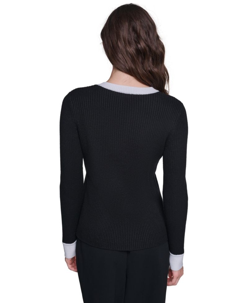 Women's Colorblock Fitted Crewneck Cotton-Blend Cardigan Sweater