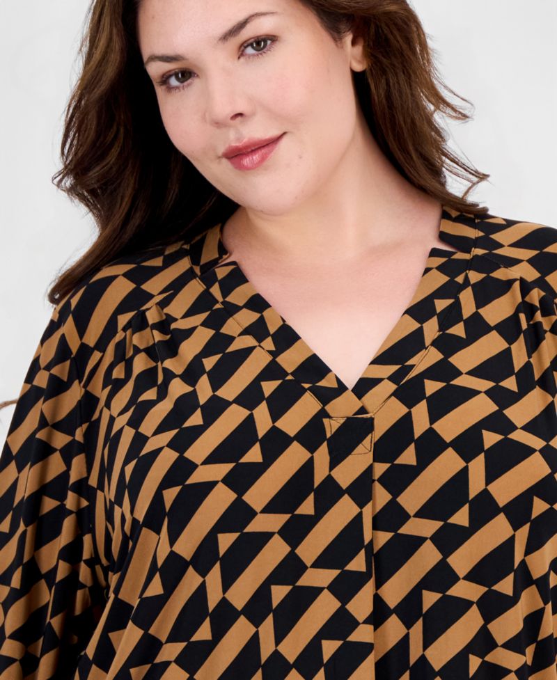Plus Size Long-Sleeve V-Neck Geometric Blouse