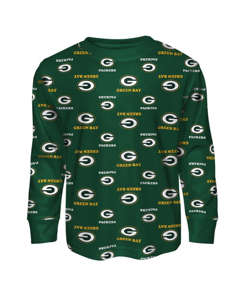 Big Boys and Girls Green Bay Packers All-Over-Print Long Sleeve T-Shirt and Pants Sleep Set