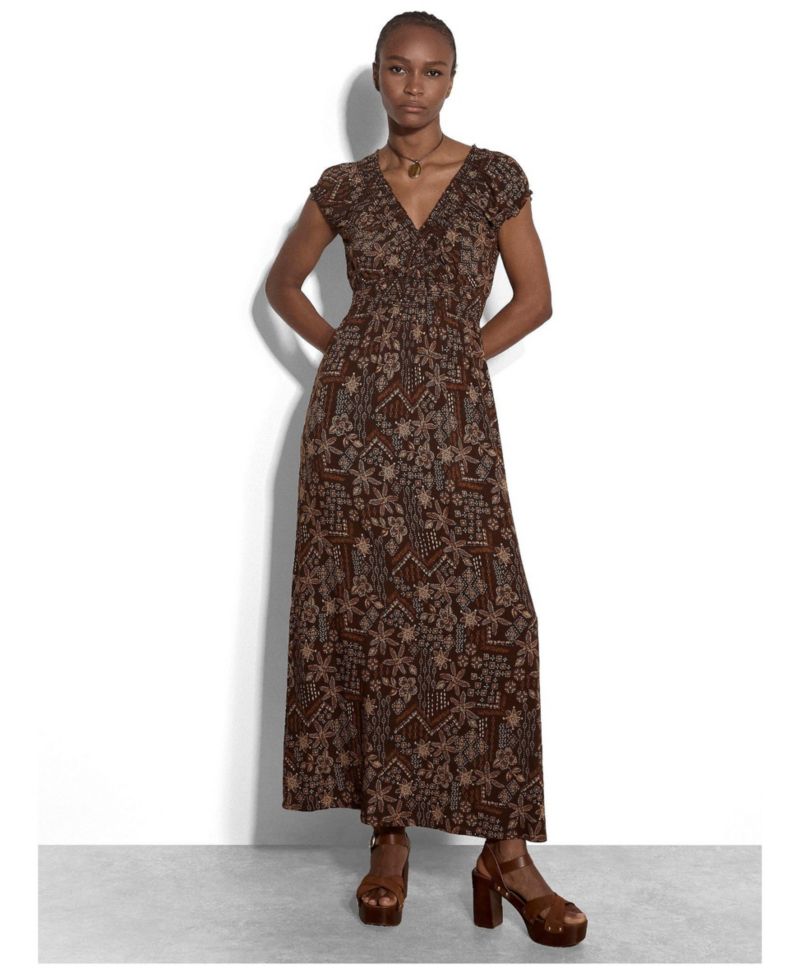 Women's Batik Star Flower V-Neck Cap-Sleeve Boho Maxi Dress