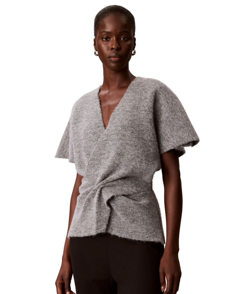 Women's Twist-Knot V-Neck Short-Sleeve Fitted Sweater