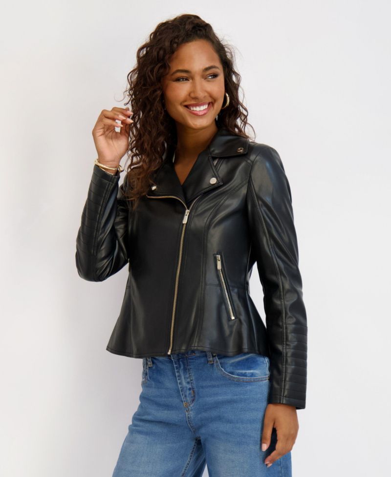 Women's Faux Leather Moto Jacket With Peplum and Quilted Details