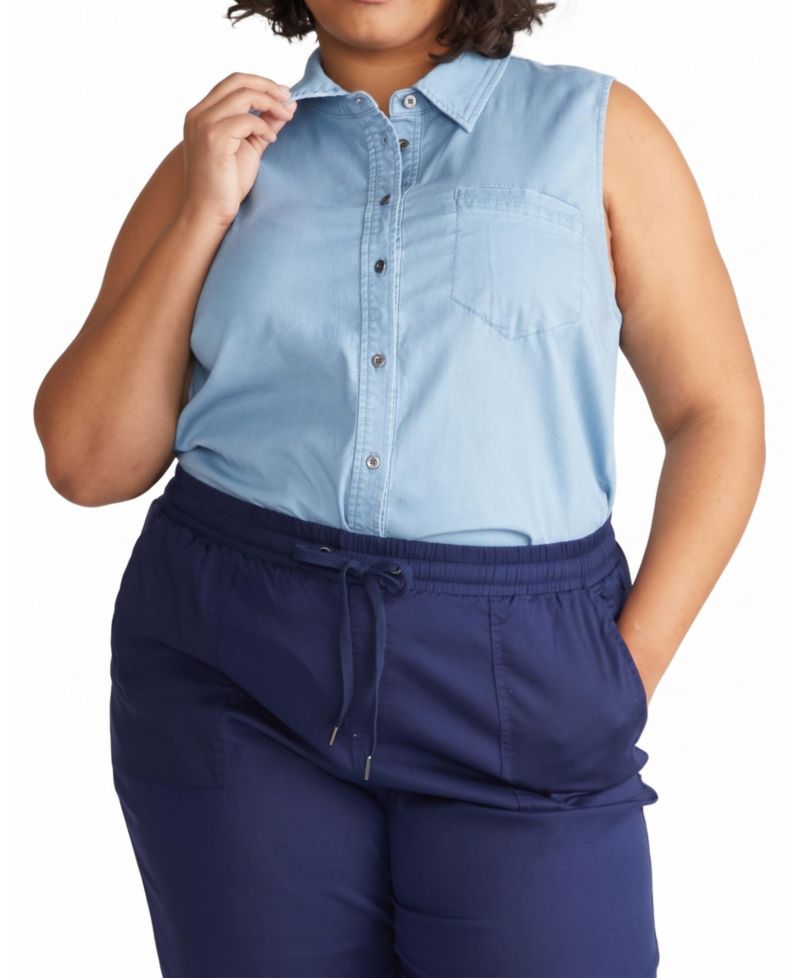 Plus Size Chambray Sleeveless Button-Front Shirt