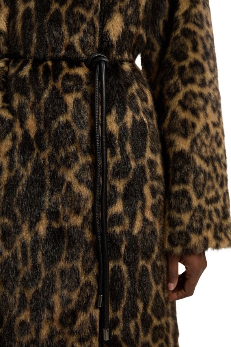 Women's Faux Fur Collarless Tie Belted Midi Coat