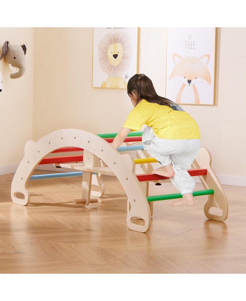4 in 1 Kids Wooden Climbing Toy with Rocker and Crawling Tunnel