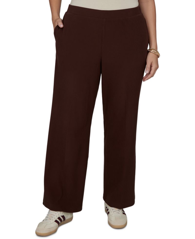 Plus Size Wide-Leg Pull-On Ribbed Pants