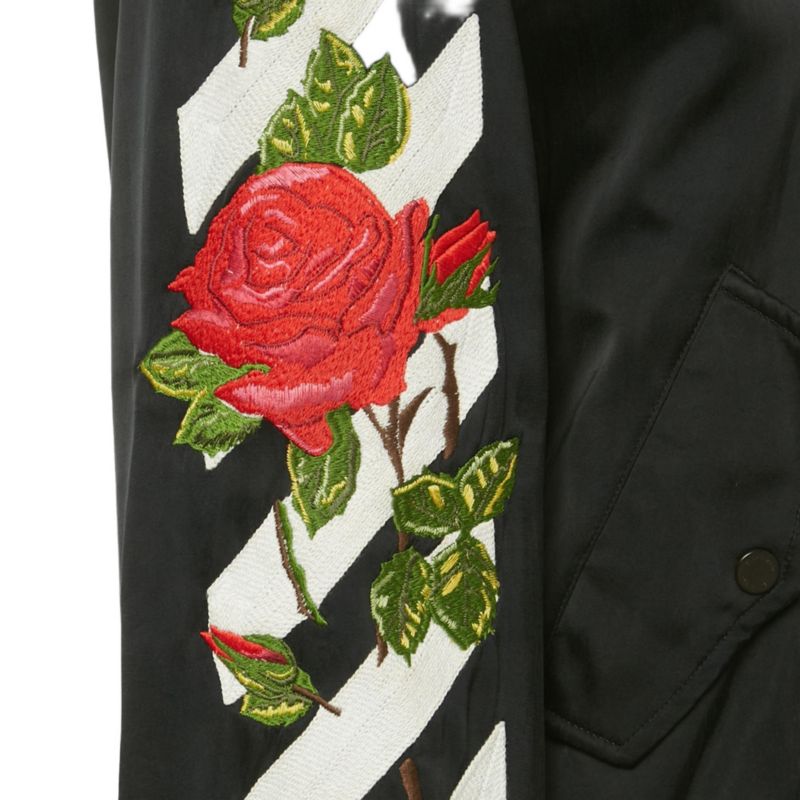 Women's Black Rose And Arrow Embroidered Satin Bomber Jacket