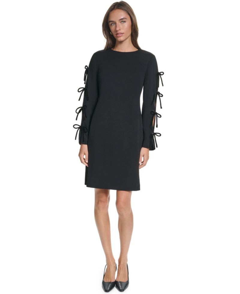 Women's Long-Sleeve A-Line Scuba Crepe Dress with Velvet Bow