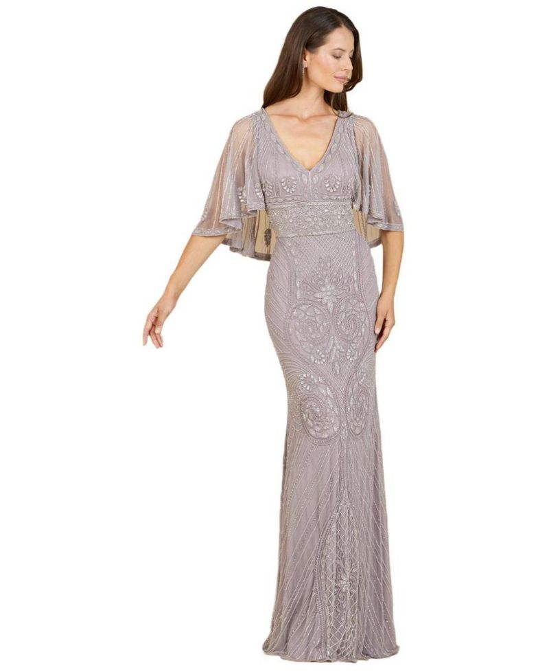 Women's Cape-Sleeve V-Neck Beaded Gown