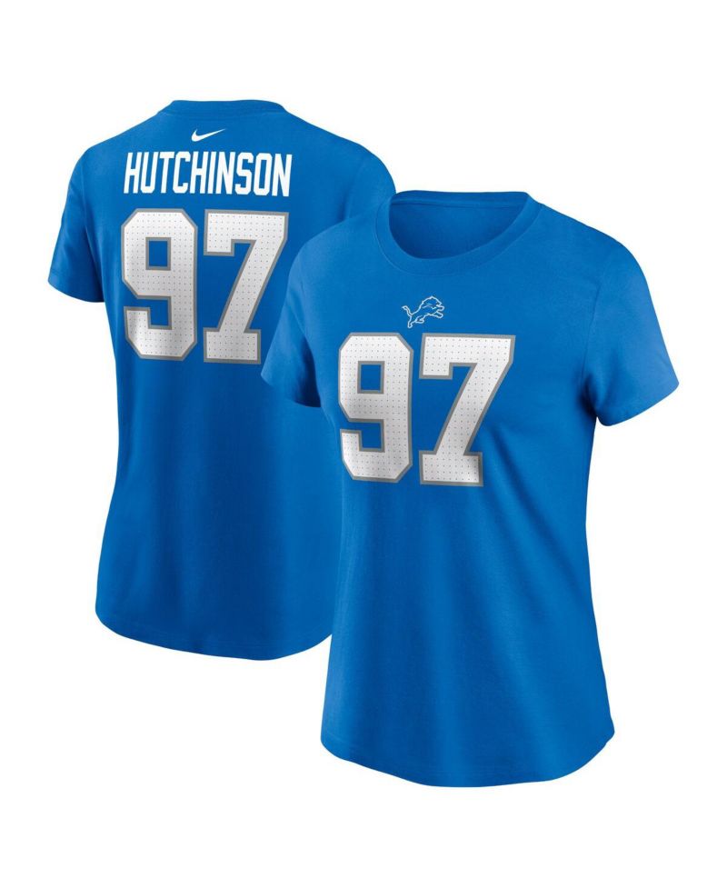 Women's Aidan Hutchinson Blue Detroit Lions Player Name & Number T-Shirt