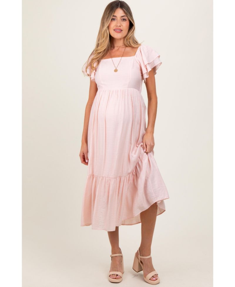 Women's Light Pink Flutter Sleeve Midi Dress