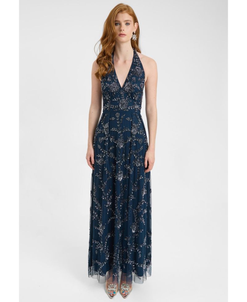 Women's Embellished Sequin Beaded Maxi Dress With Halter Neck With Deep V-Cut