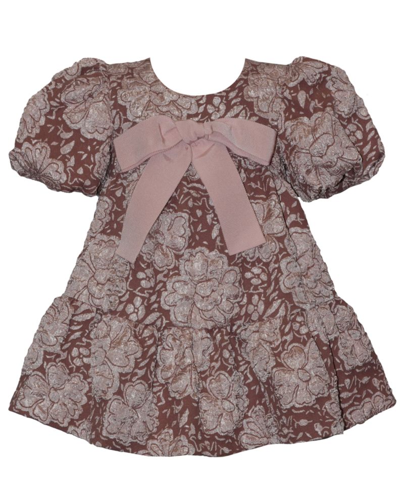 Baby Girls' Jacquard with Bow Short-Sleeve Dress with Diaper Cover, 2-Piece set