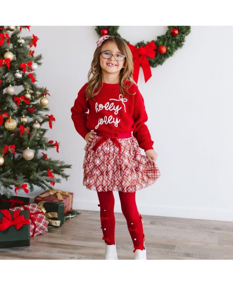 Little and Big Girls Christmas Plaid Bow Tiered Tutu Skirt