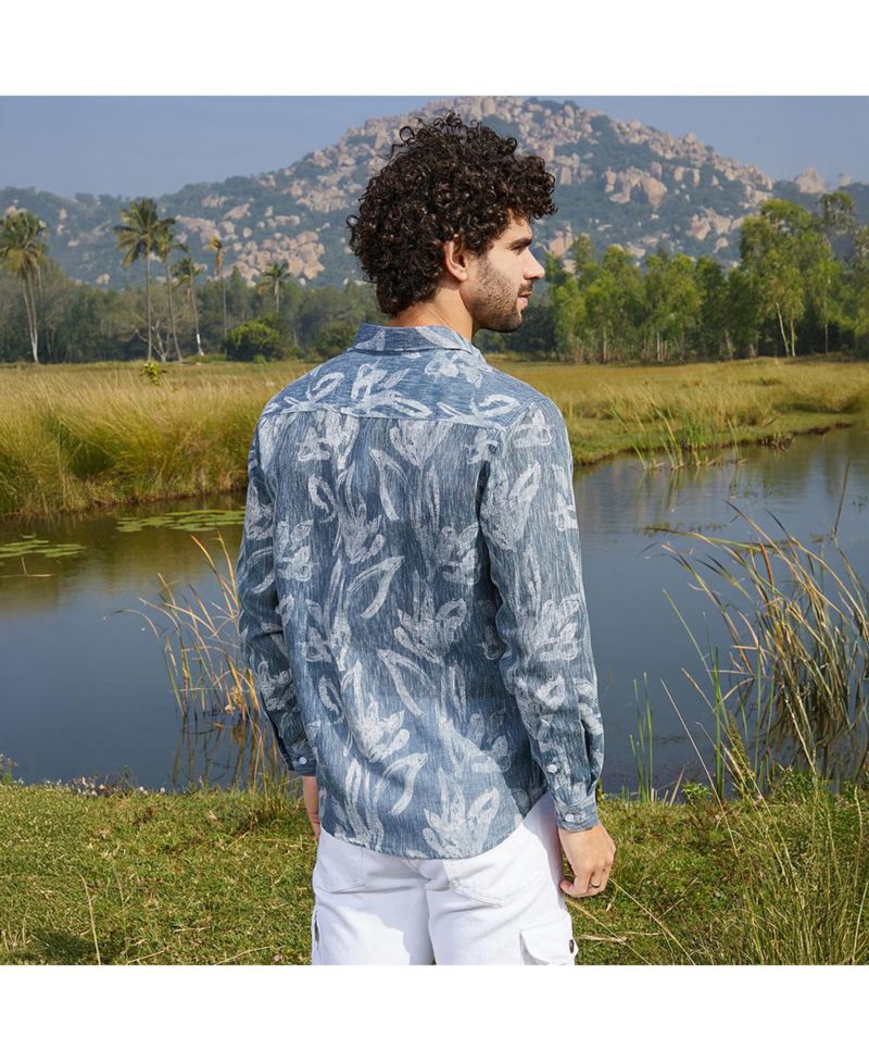 Men's Steel Blue Stroked-Petals Shirt