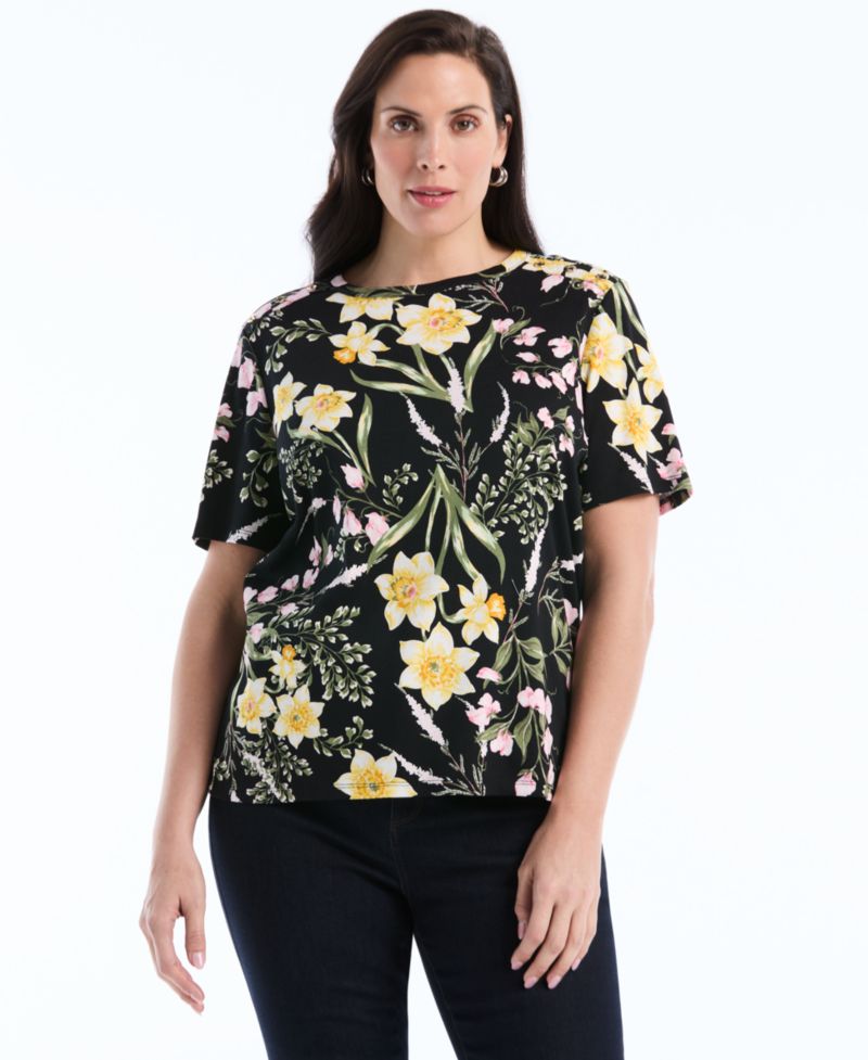 Plus Size Garden Print Button-Detail Short-Sleeve Top
