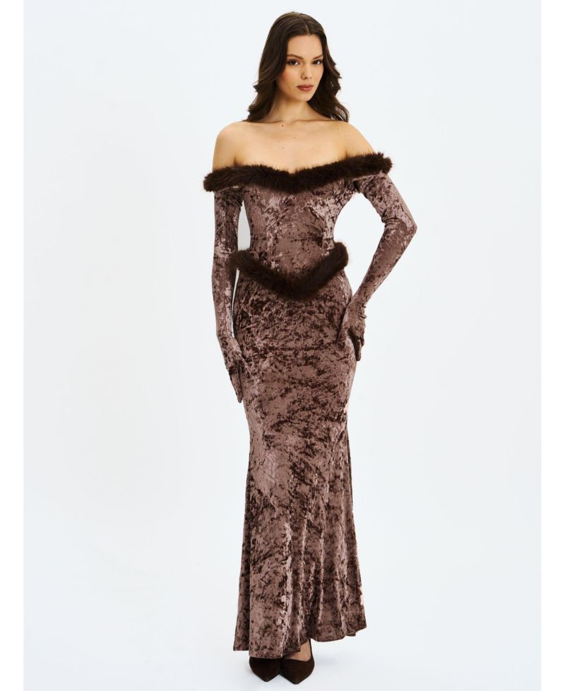 Women's Tessa Coffee Sweetheart Bardot Faux Fur Velvet Mermaid Maxi Dress